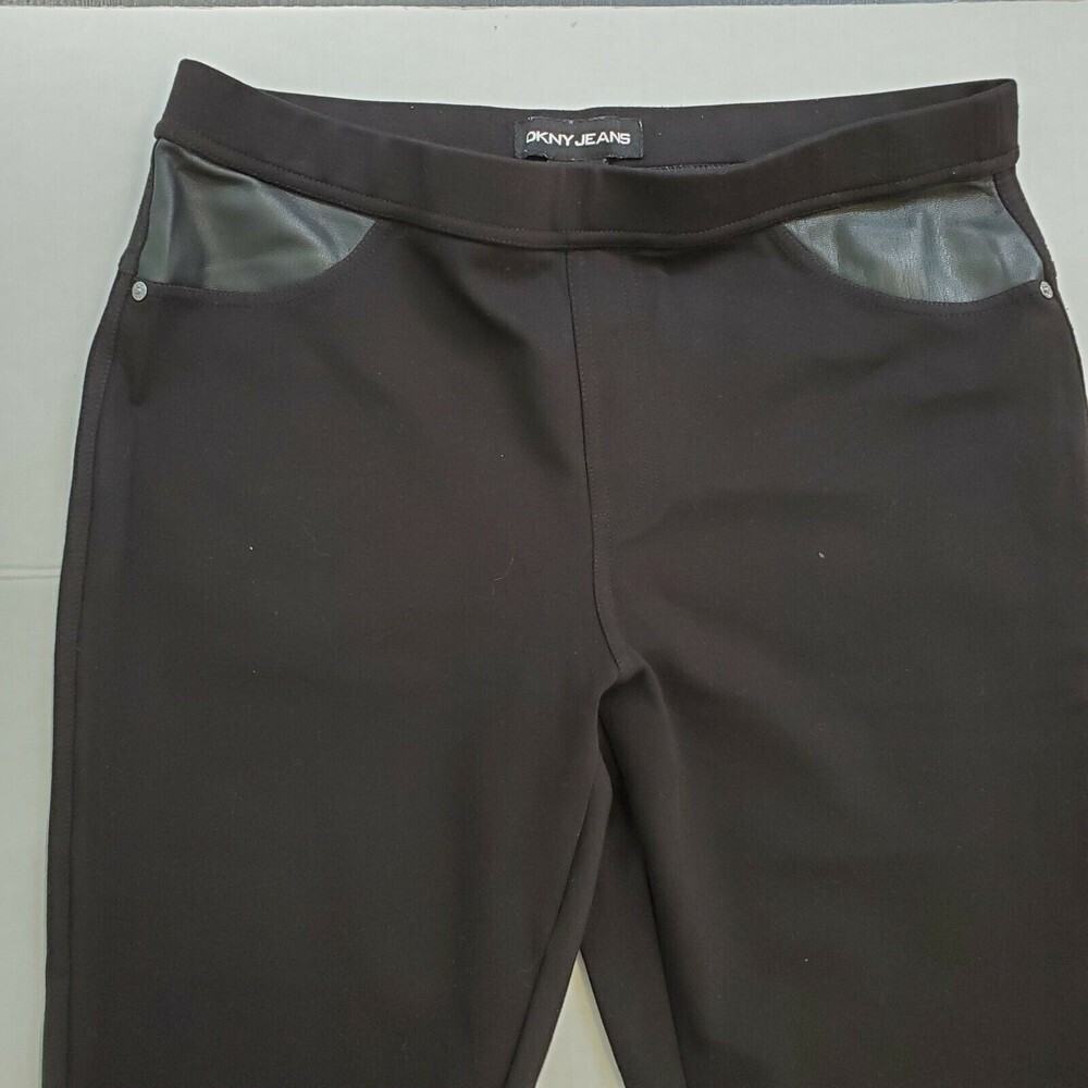 DKNY Pants Black Women's Size M Faux-Leather Trim Slim Stretch Trouser $79